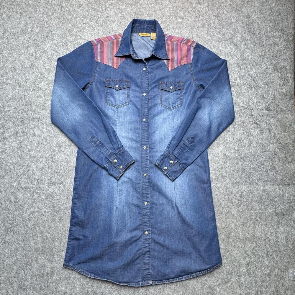 Vintage Wrangler Shirt Dress Womens Medium Denim Western Snap L/S Knee Length